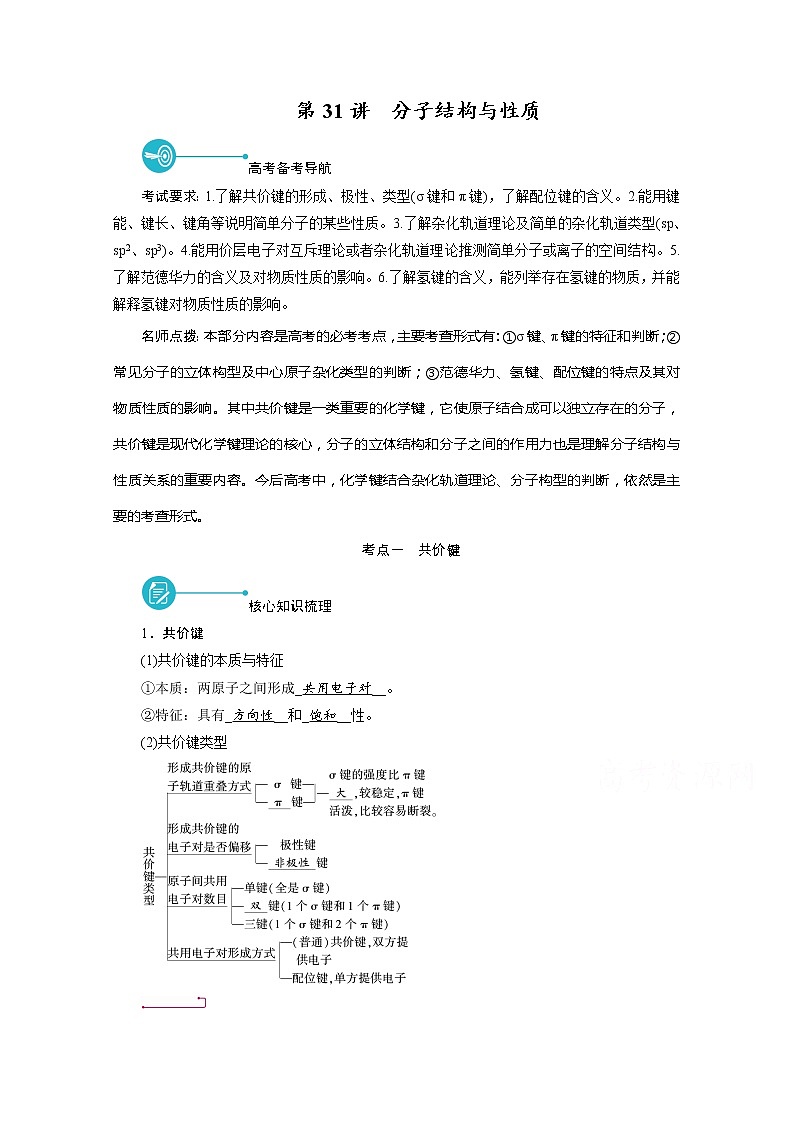 2022届高考化学(人教版)一轮总复习学案:第31讲 分子结构与性质 Word版含解析01