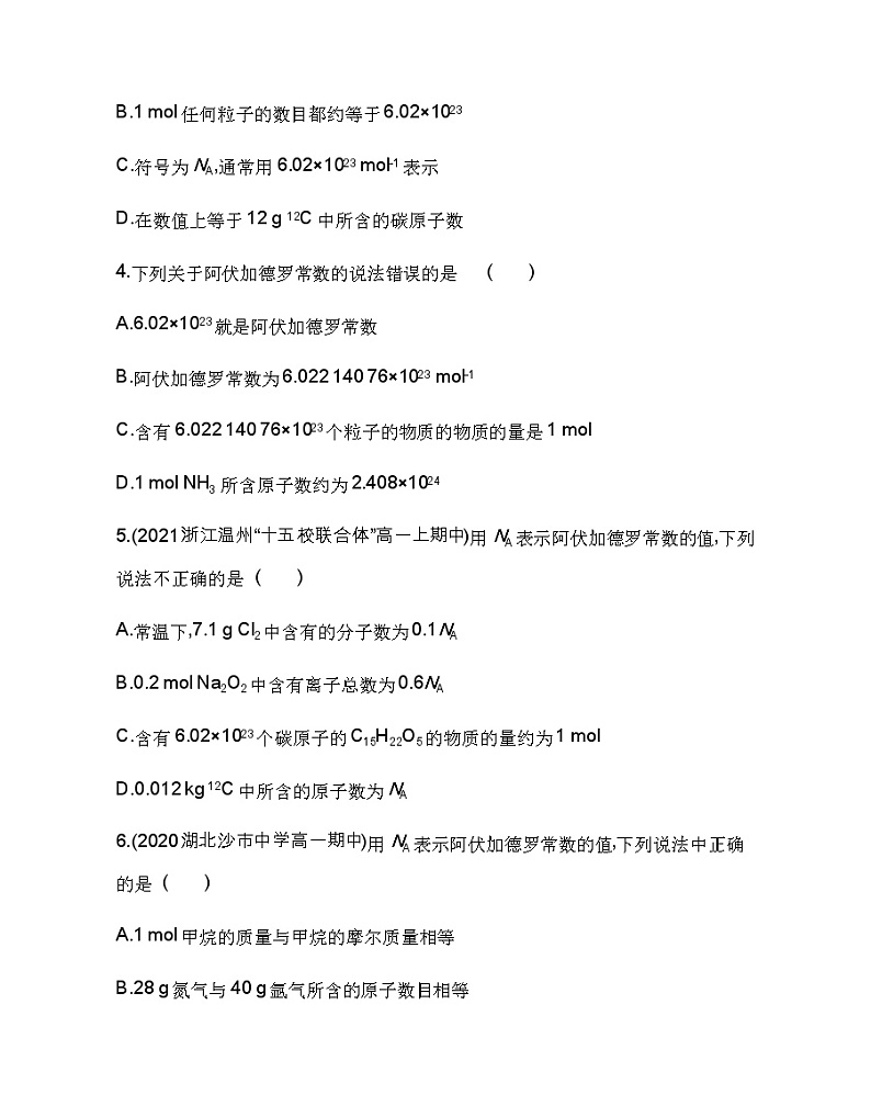 第1课时 物质的量及其单位——摩尔 摩尔质量-2022版化学必修第一册 鲁教版(2019) 同步练习 (Word含解析)第2页