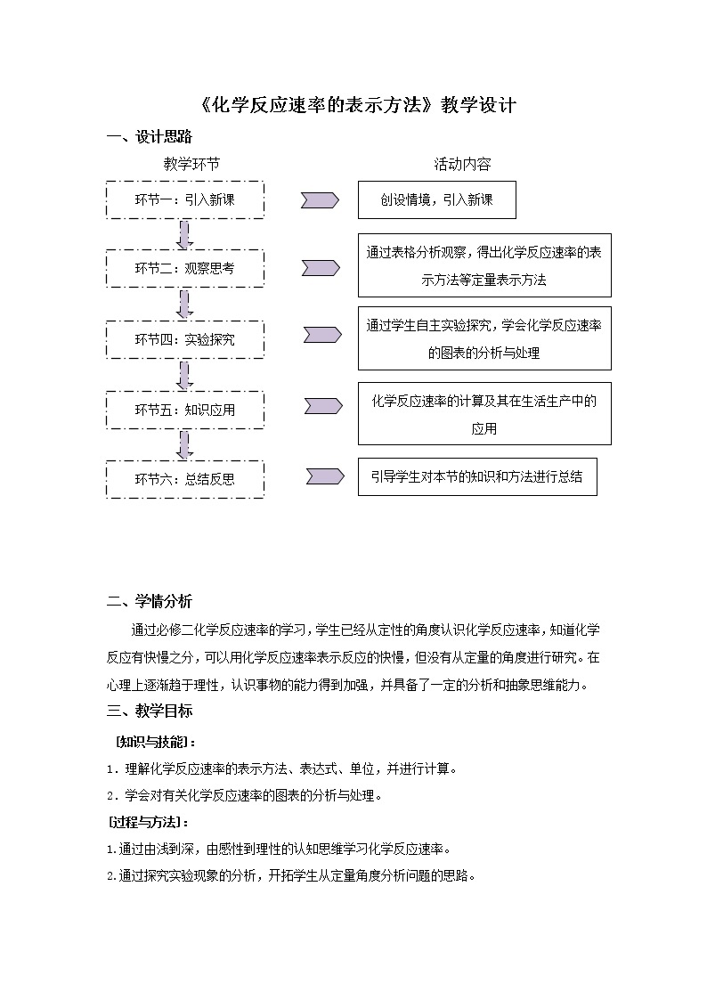 苏教版20222023高中化学专题2 化学反应速率与化学平衡衡第一单元 苏教版20222023高中化学专题2 化学反应速率与化学平衡衡第一单元 《化学反应速率的表示方法》教学设计01