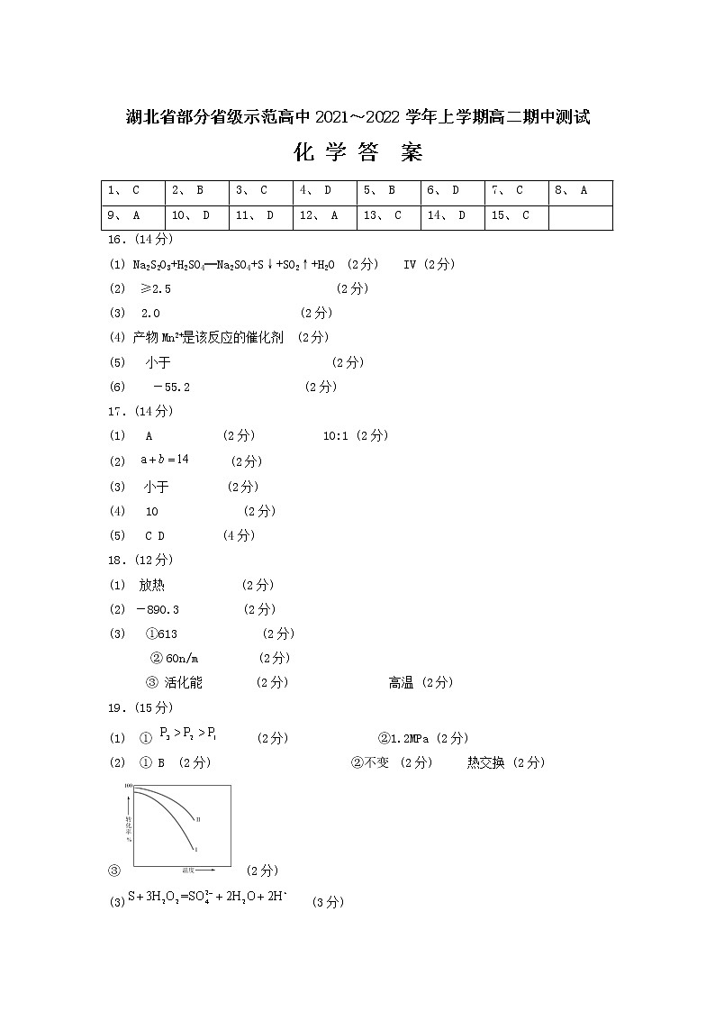 2021-2022学年湖北省部分省级示范高中高二上学期期中测试化学答案第1页