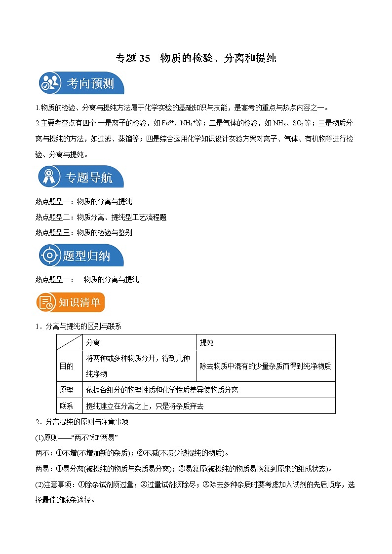 专题35 物质的检验、分离和提纯 常考点归纳与变式演练 学案 高中化学 二轮复习 人教版(2022年)01