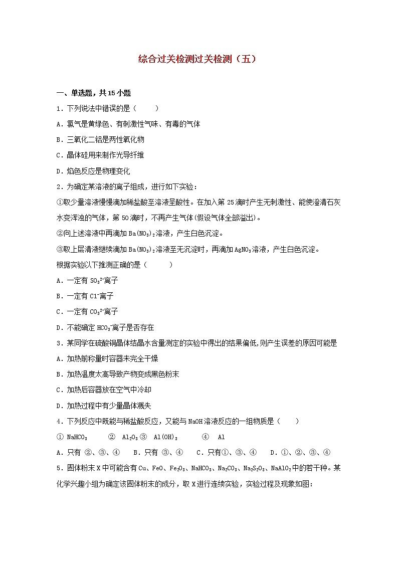 2021_2022学年新教材高中化学综合过关检测五鲁科版必修1第1页
