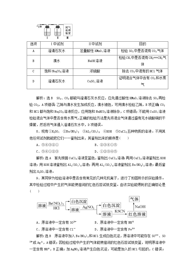 2022届高考化学一轮复习全程跟踪检测59实验方法2__物质的检验与鉴别含解析03