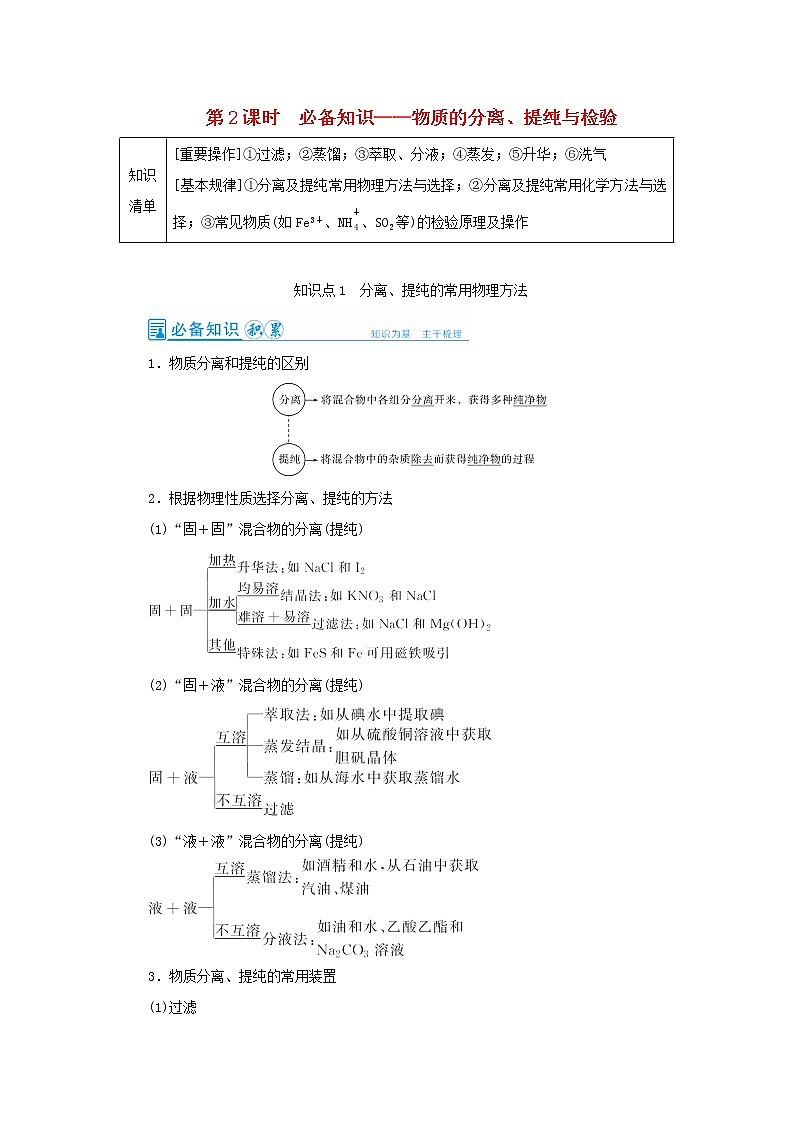 2022高考化学一轮复习第10章化学实验第2讲物质的分离提纯与检验教案01
