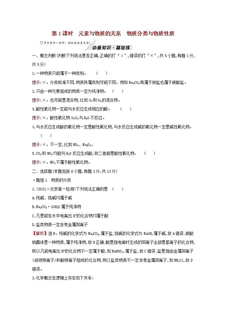 2021_2022学年新教材高中化学第2章元素与物质世界第1节第1课时元素与物质的关系物质分类与物质性质作业含解析鲁科版必修1 练习01