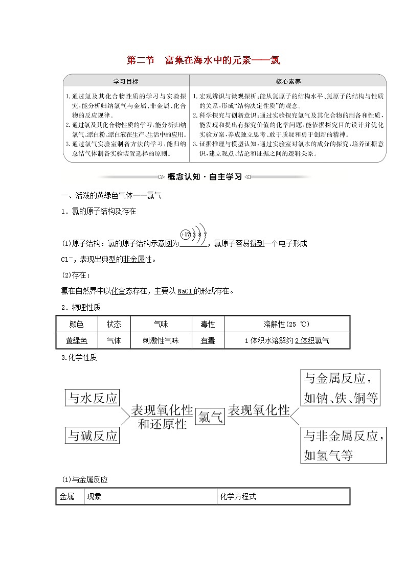 2021_2022学年高中化学第四章非金属及其化合物第二节富集在海水中的元素__氯学案新人教版必修101
