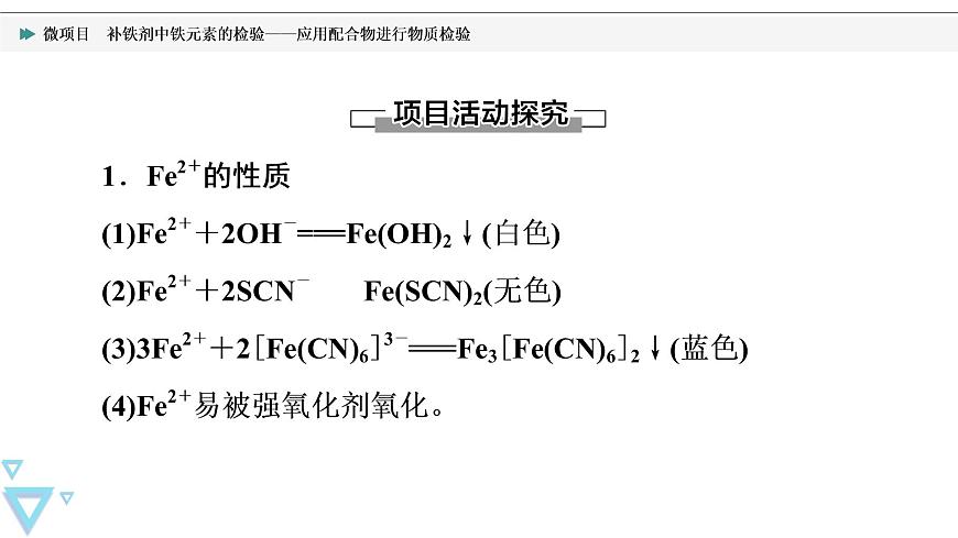 2021-2022學(xué)年高中化學(xué)新魯科版選擇性必修2 第2章微項(xiàng)目　補(bǔ)鐵劑中鐵元素的檢驗(yàn)——應(yīng)用配合物進(jìn)行物質(zhì)檢驗(yàn) 課件第3頁(yè)