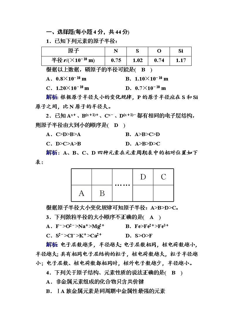 2021-2022學(xué)年高中化學(xué)新人教版選擇性必修2 第1章 第2節(jié)原子結(jié)構(gòu)與元素的性質(zhì)第2課時 作業(yè)第1頁