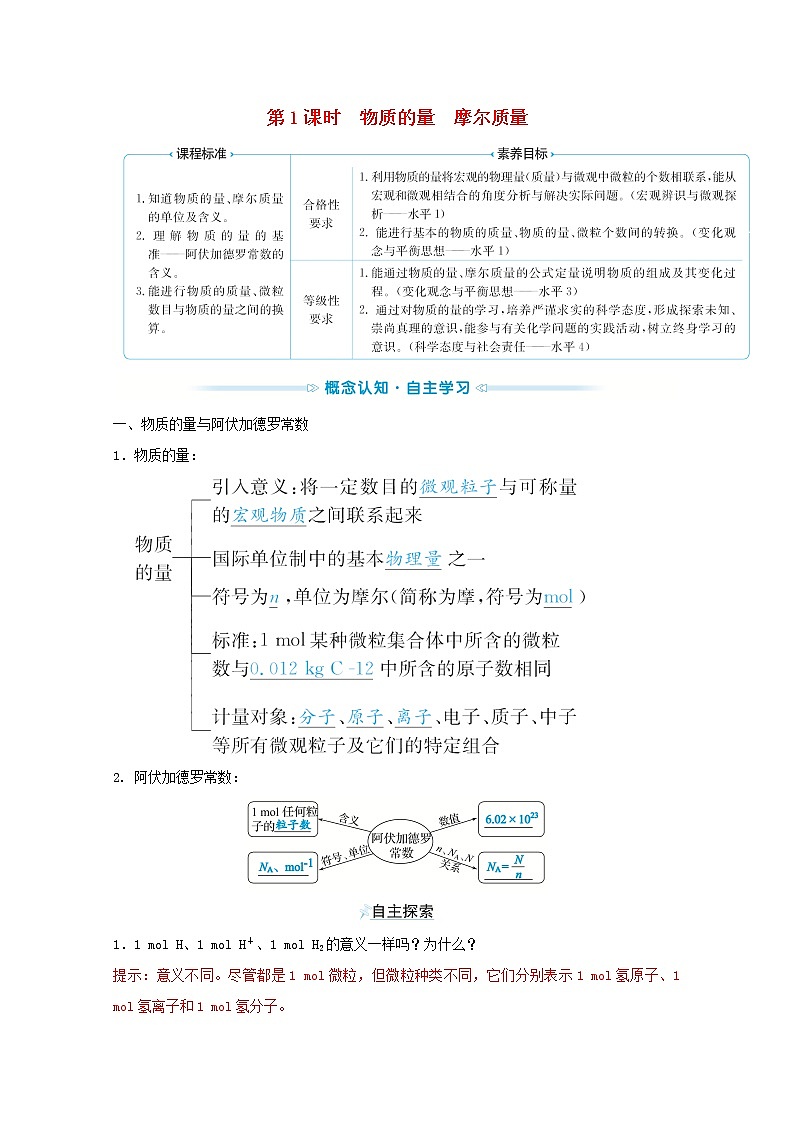 2021_2022學年高中化學專題1物質(zhì)的分類及計量第二單元第1課時物質(zhì)的量摩爾質(zhì)量學案蘇教版必修1第1頁