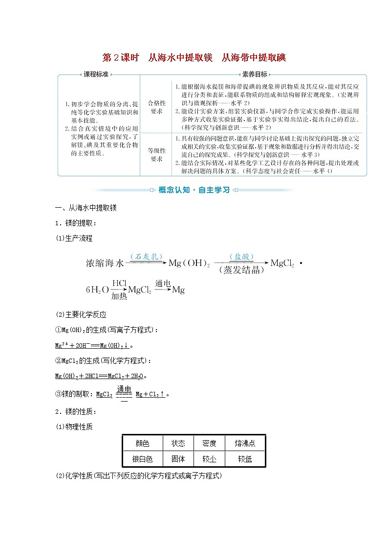 2021_2022學(xué)年新教材高中化學(xué)專題3從海水中獲得的化學(xué)物質(zhì)第三單元第2課時從海水中提取鎂從海帶中提取碘學(xué)案蘇教版必修1第1頁