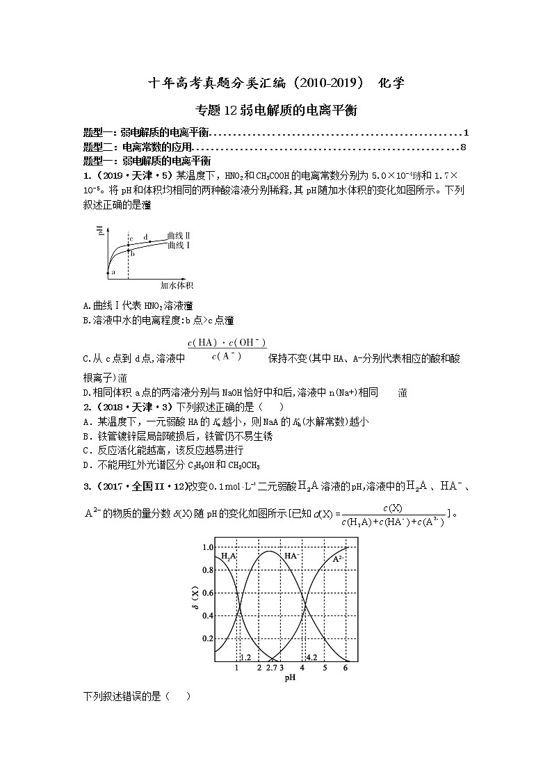 十年高考真题分类汇编(2010-2019)化学 专题12  弱电解质的电离平衡01