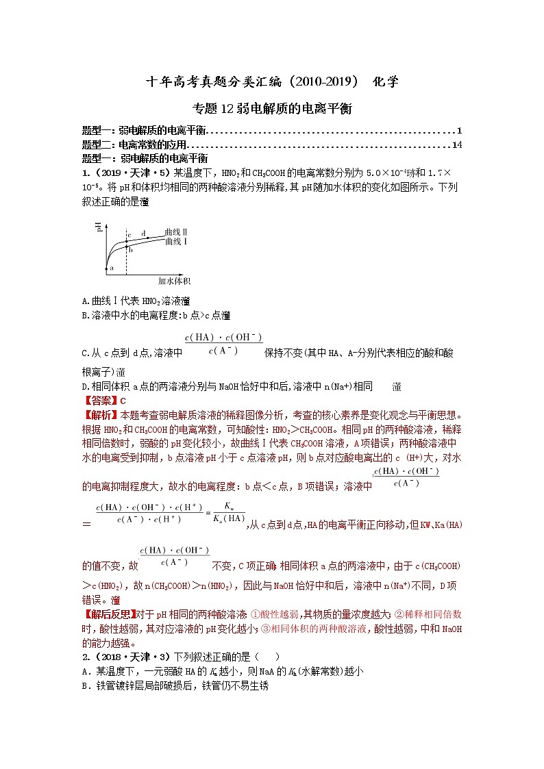 十年高考真题分类汇编(2010-2019)化学 专题12  弱电解质的电离平衡01