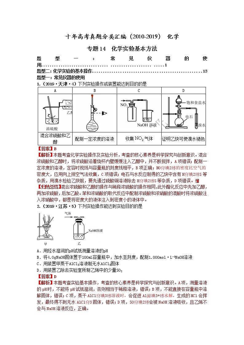 十年高考真题分类汇编(2010-2019)化学 专题14  化学实验基本方法01