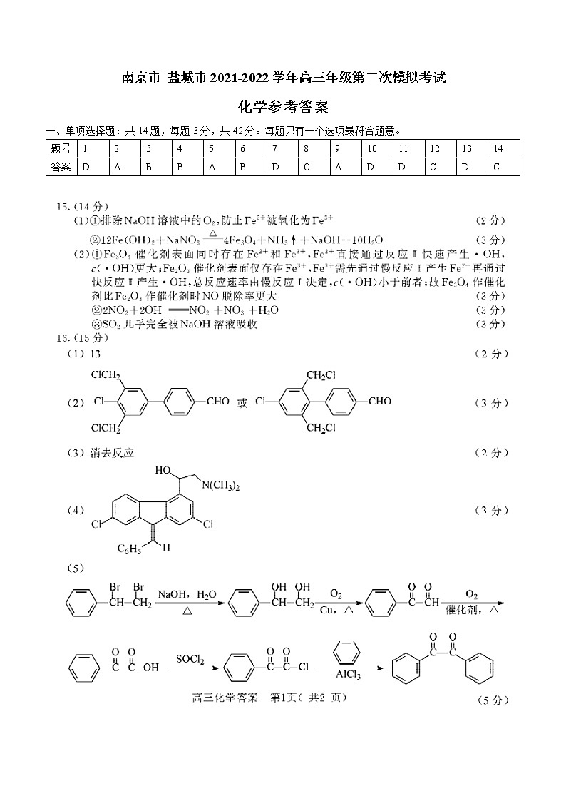 2021-2022学年高三下学期第二次模拟考试化学参考答案第1页