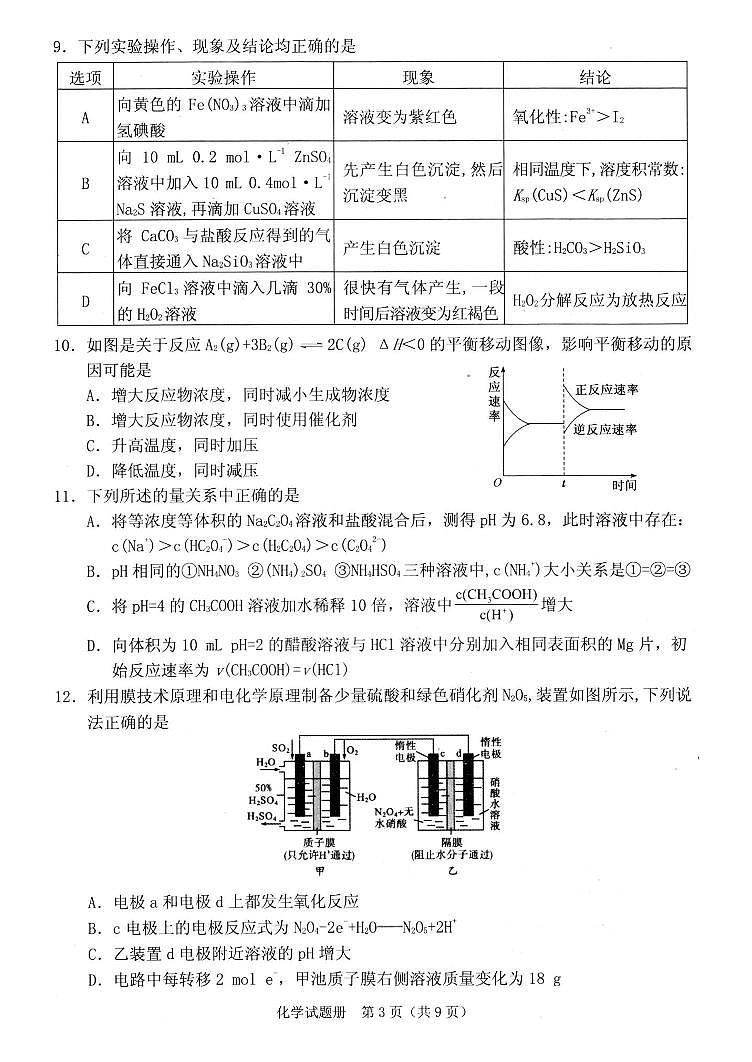 2022届辽宁省抚顺市普通高中高三第一次模拟考试试卷及答案 化学第3页