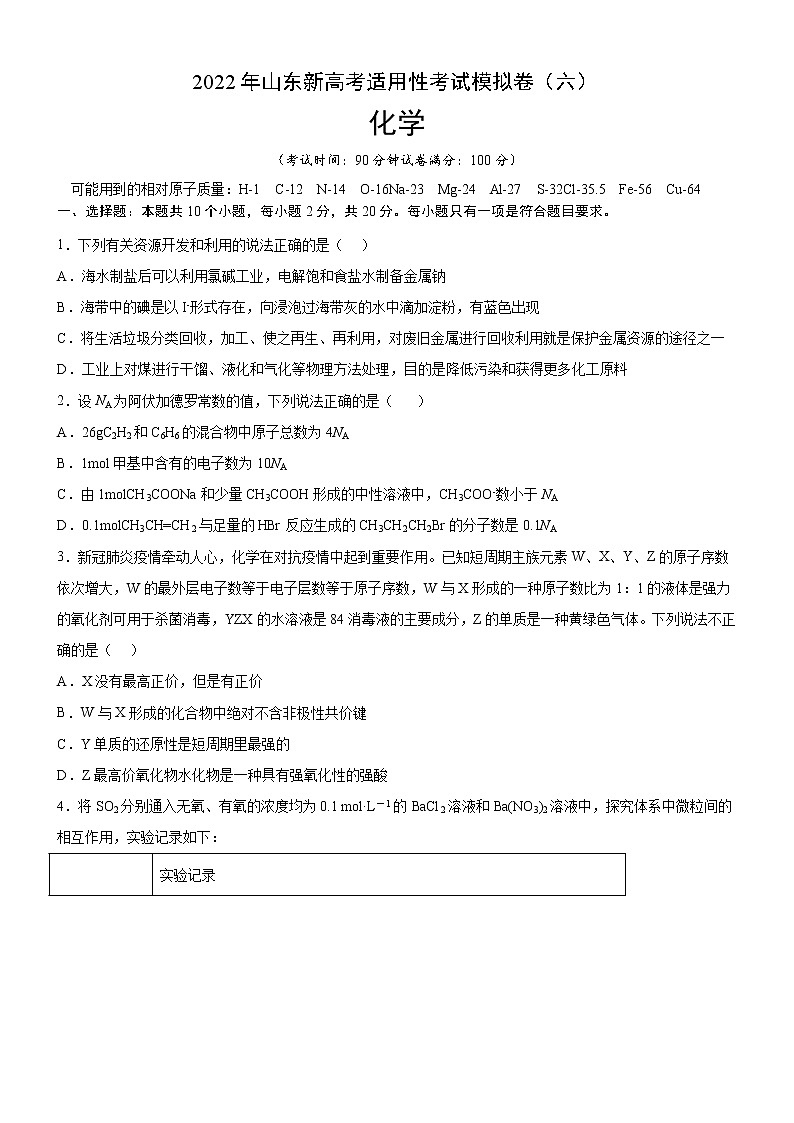 2022年新高考化学适应性考试模拟卷(山东专用)(六)(原卷版)第1页