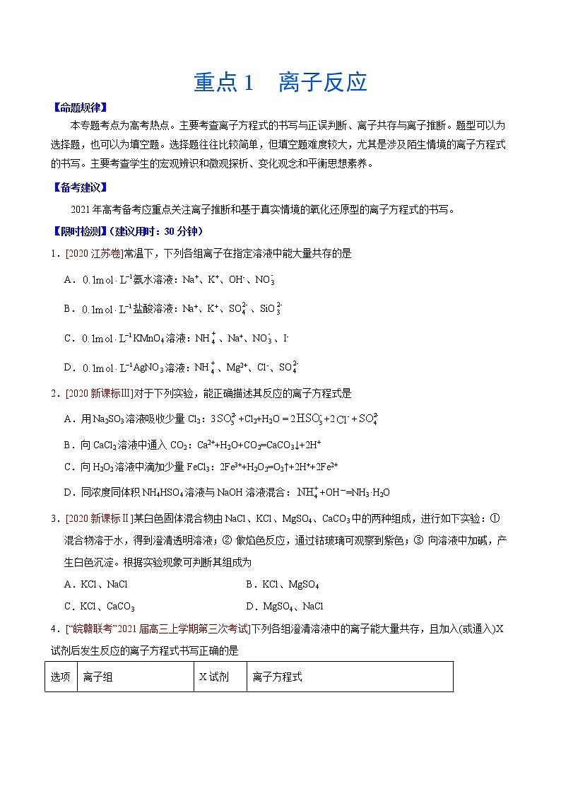 重点1 离子反应- 高考化学专练【热点·重点·难点】(原卷版)第1页