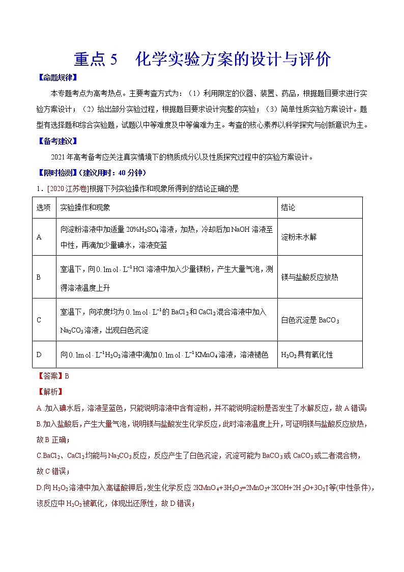 重点5 化学实验方案的设计与评价- 高考化学专练【热点·重点·难点】(解析版)第1页