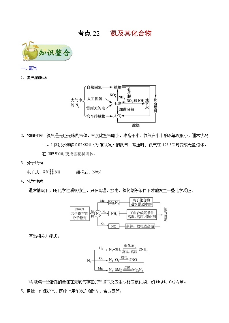 考点22 氮及其化合物——备战2022年浙江新高考一轮复习化学考点一遍过 试卷01