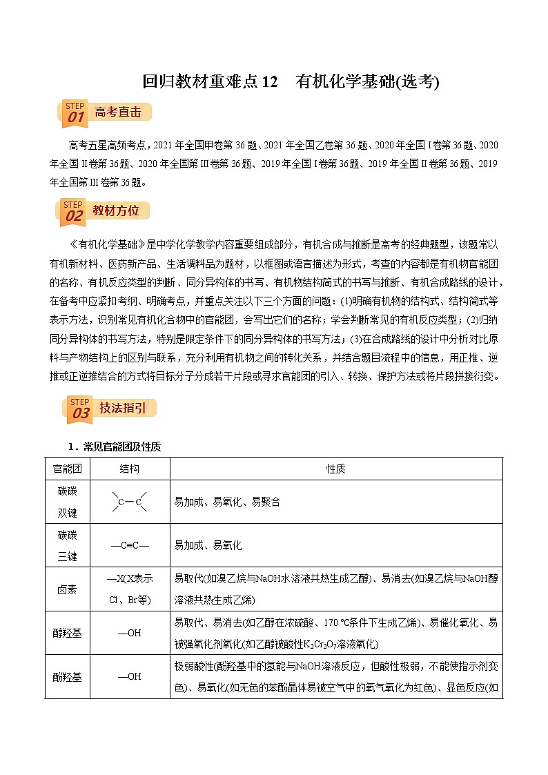 2022年高考化学三轮冲刺之回归教材12 有机化学基础(选考)练习题第1页
