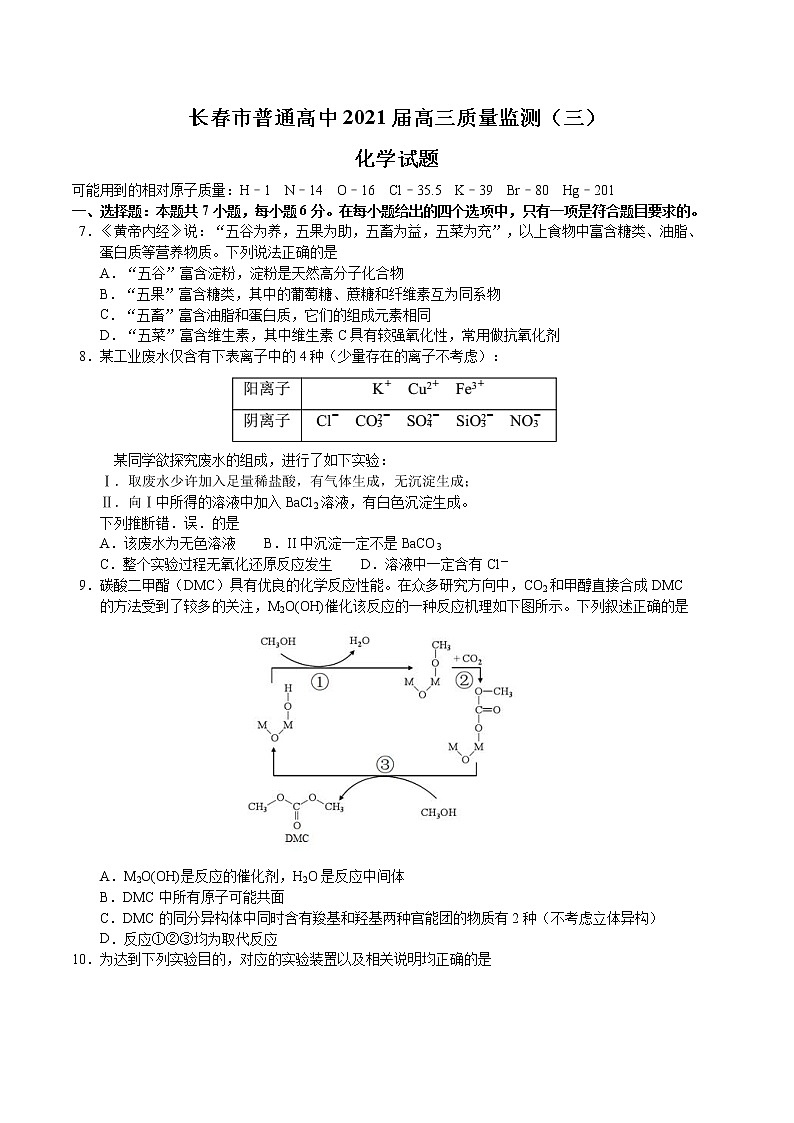 吉林省长春市2021届高三下学期4月质量监测(三模)理科综合化学试题 Word版含答案第1页