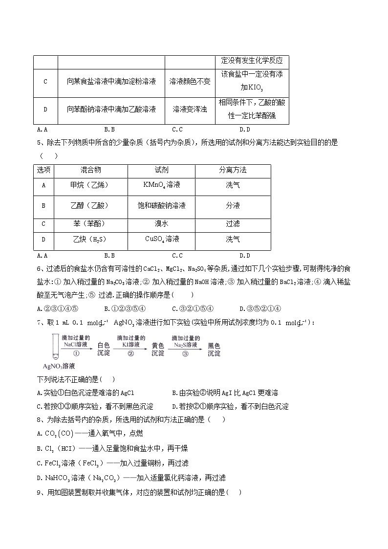 2022届高考化学一轮复习考点精练之知识点23物质的制备检验分离与提纯含答案第2页