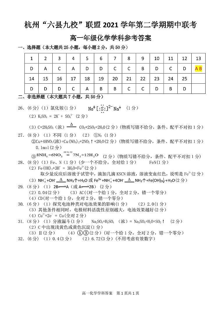 2022杭州“六县九校”联盟高一下学期期中联考试题化学PDF版含答案(可编辑)01