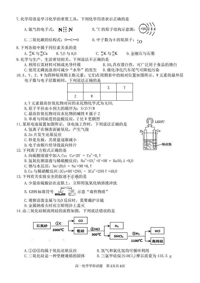 2022杭州“六县九校”联盟高一下学期期中联考试题化学PDF版含答案(可编辑)02