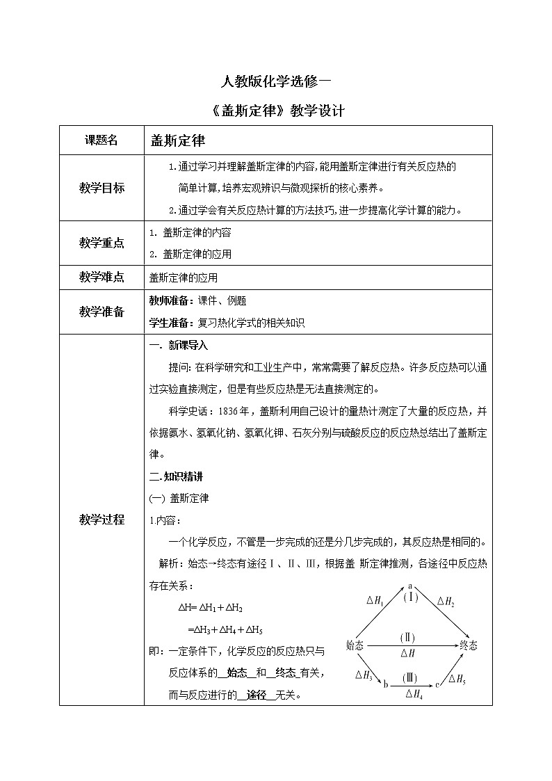 人教版化学选修一1.2.1 《盖斯定律》课件+教学设计01
