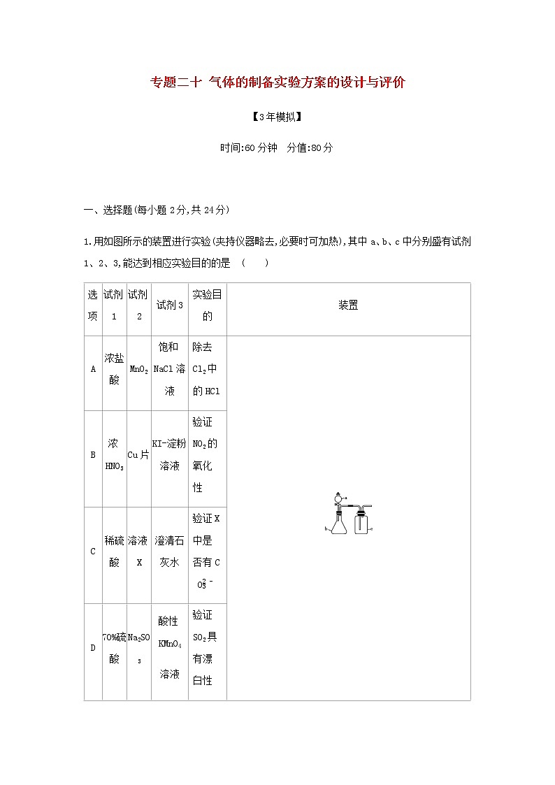 山东专用高考化学一轮复习专题二十气体的制备实验方案的设计与评价专题综合检测含解析01