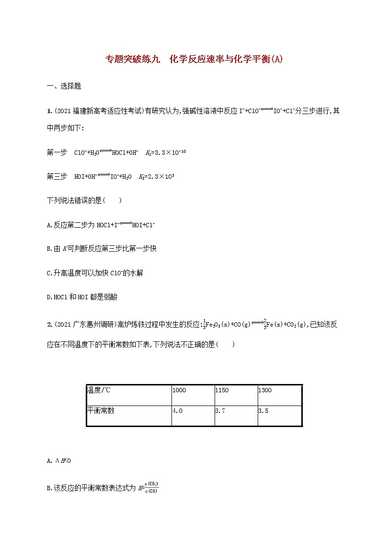 2022年高考化学二轮复习专题突破练九化学反应速率与化学平衡A含解析01