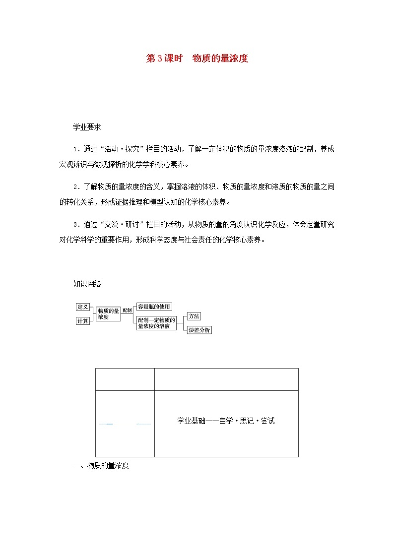 鲁科版高中化学必修第一册第1章认识化学科学3.3物质的量浓度学案01