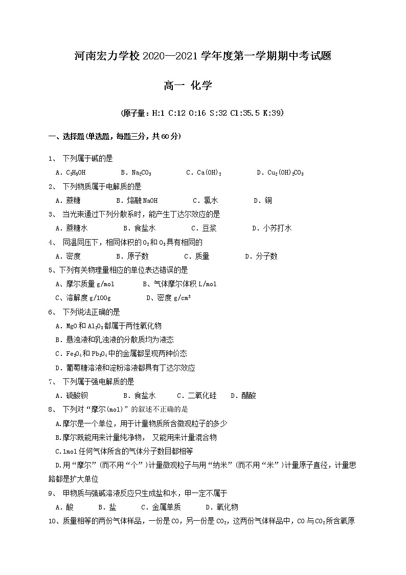 2021河南省宏力学校高一上学期期中考试化学试题含答案01