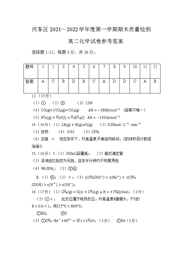 2022天津河东区高二上学期期末考试化学试题含答案01