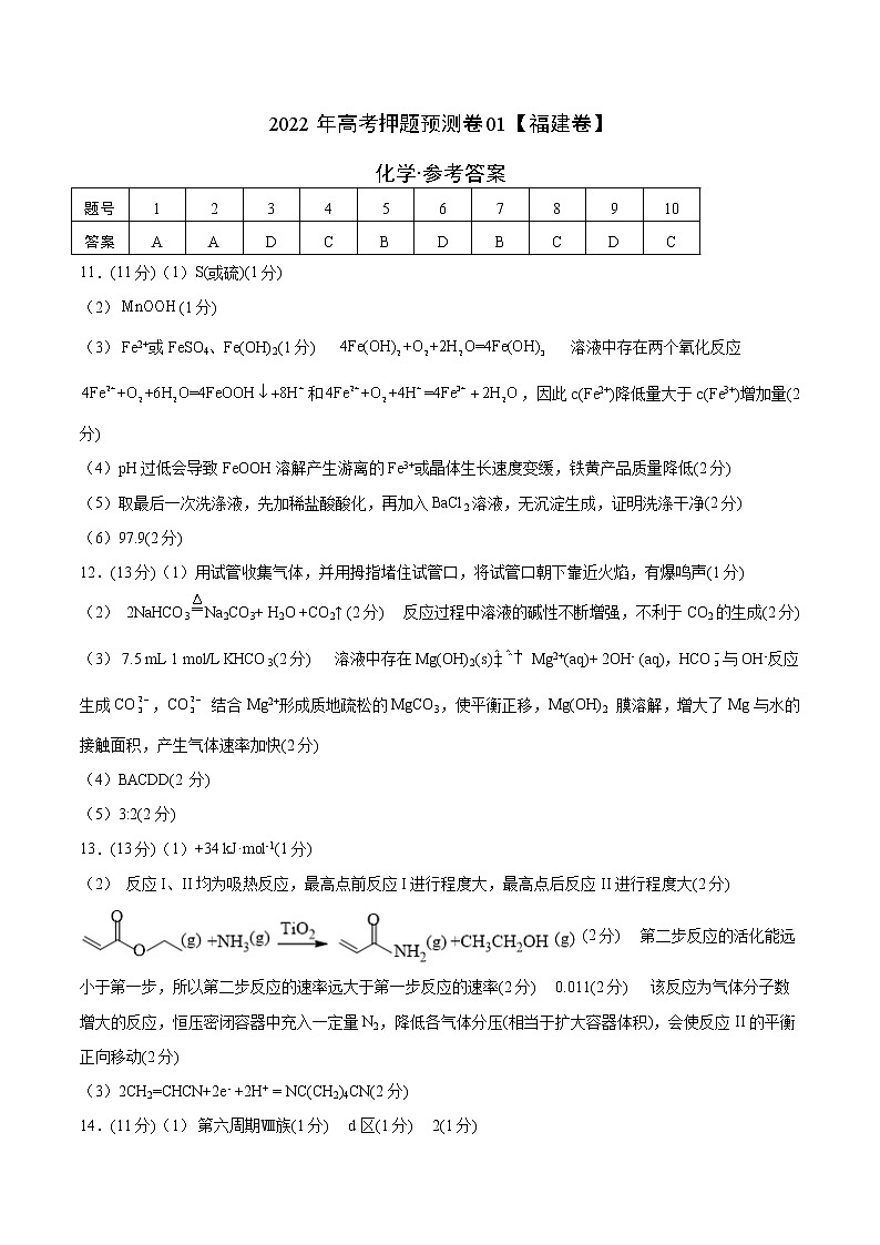 2022年高考押题预测卷01(福建卷)-化学(参考答案)第1页