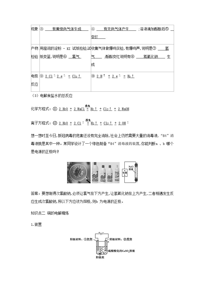 鲁科版高中化学选择性必修第一册第1章化学反应与能量转化第3节电能转化为化学能__电解课时2电解原理的应用学案02