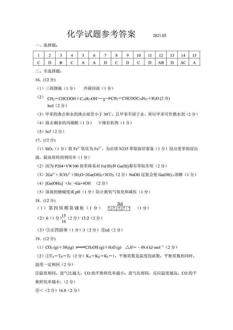 青岛市2021年高三自主检测化学参考答案第1页