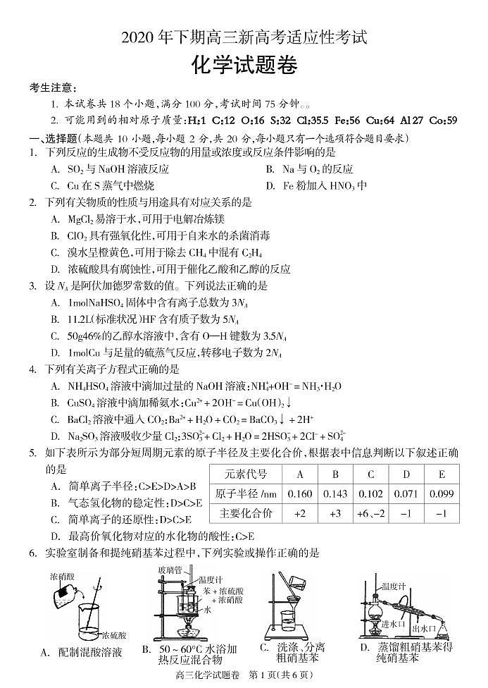 2021邵阳新邵县高三上学期新高考适应性考试化学试题PDF版含答案01