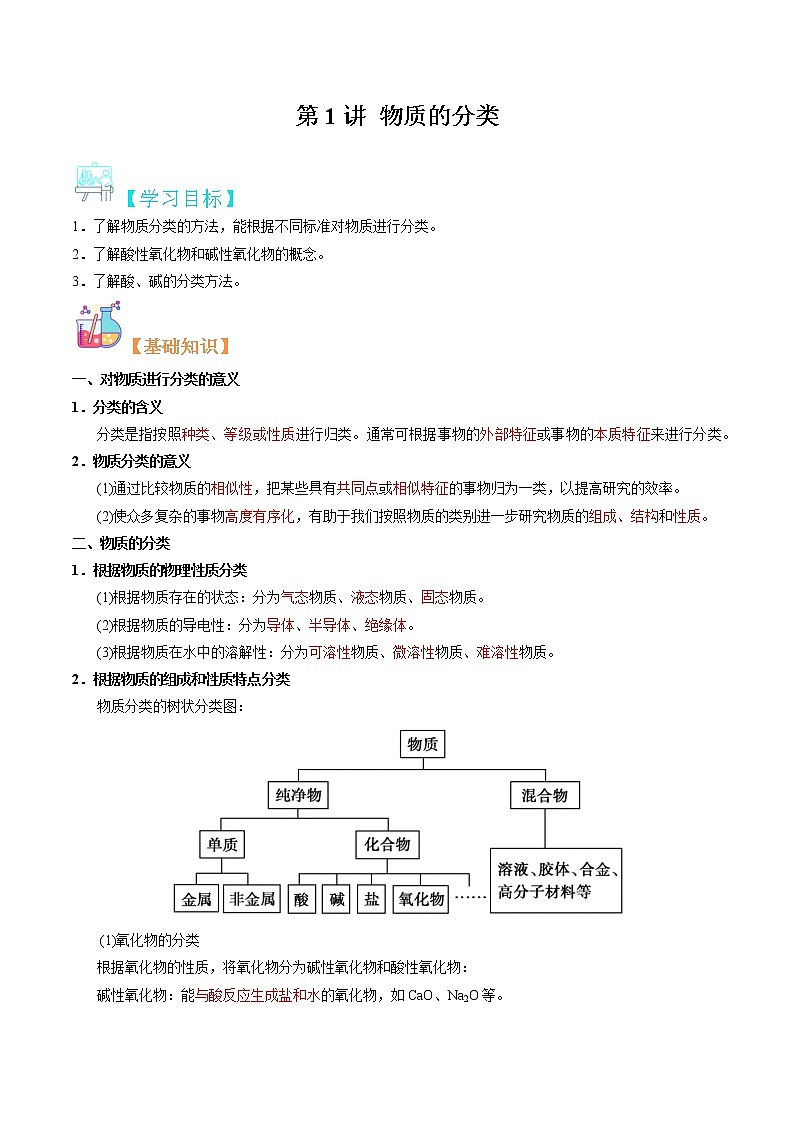 第01讲 物质的分类-【暑假自学课】2022年新高一化学暑假精品课(苏教版2019必修第一册) 试卷01