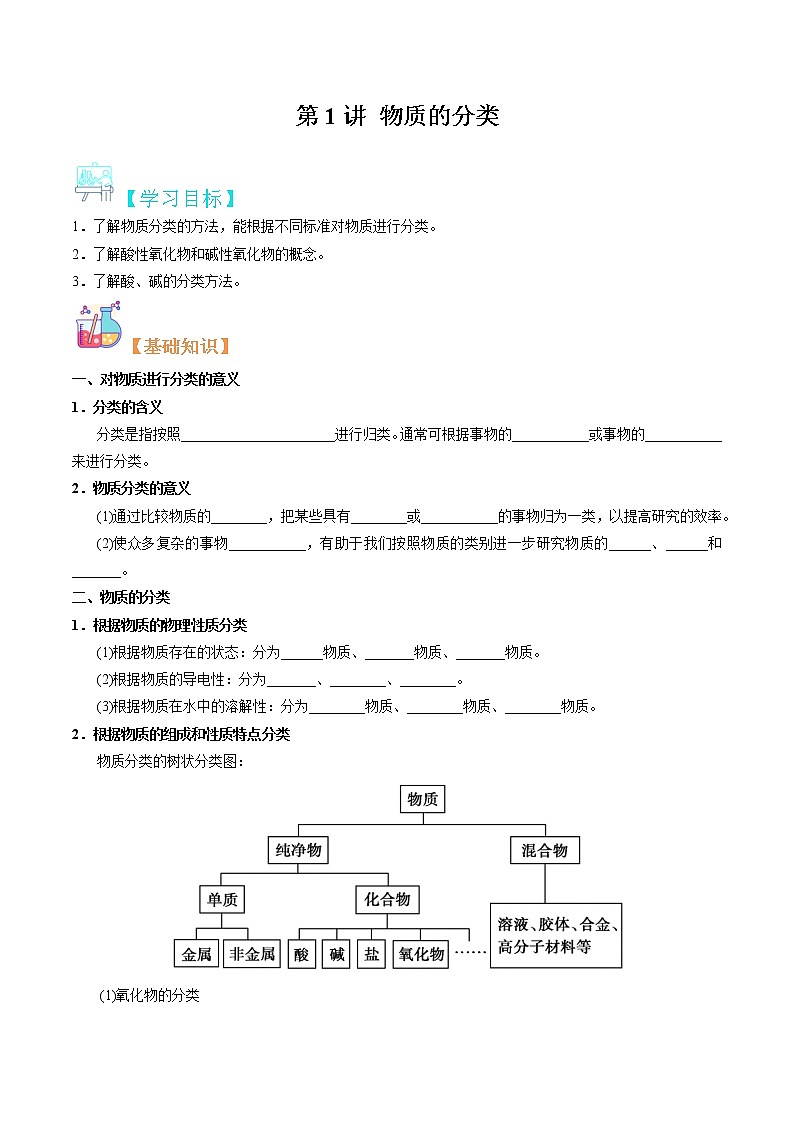 第01讲 物质的分类-【暑假自学课】2022年新高一化学暑假精品课(苏教版2019必修第一册) 试卷01