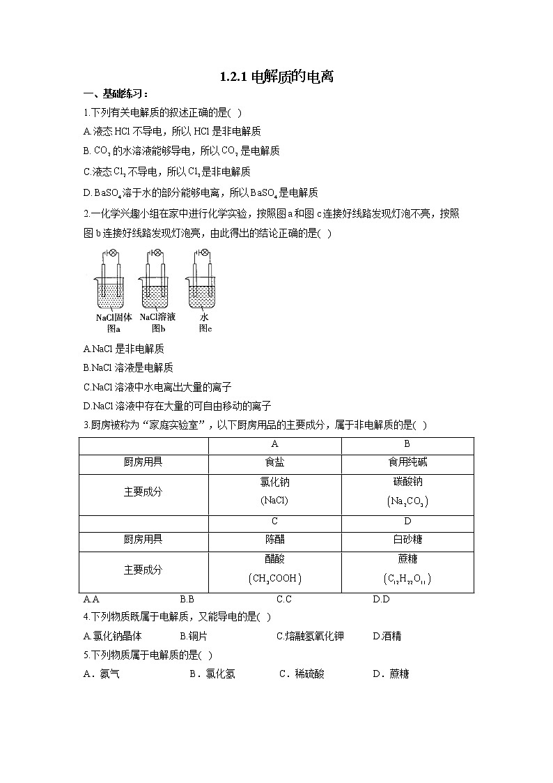2022-2023学年高一化学人教版必修第一册同步课时练 1.2.1电解质的电离第1页