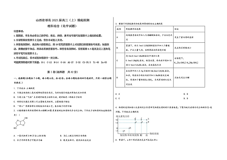 山西省祁县2023届高三(上)摸底检测化学试题(word版,含答案)第1页