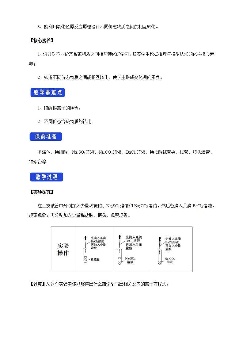 高中化学必修2 5.1.3 硫酸根离子的检验 不同价态含硫物质的转化 教学设计第2页