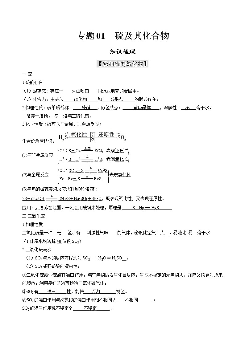 高中化学必修2 专题01 硫及其化合物知识梳理新解析版)01