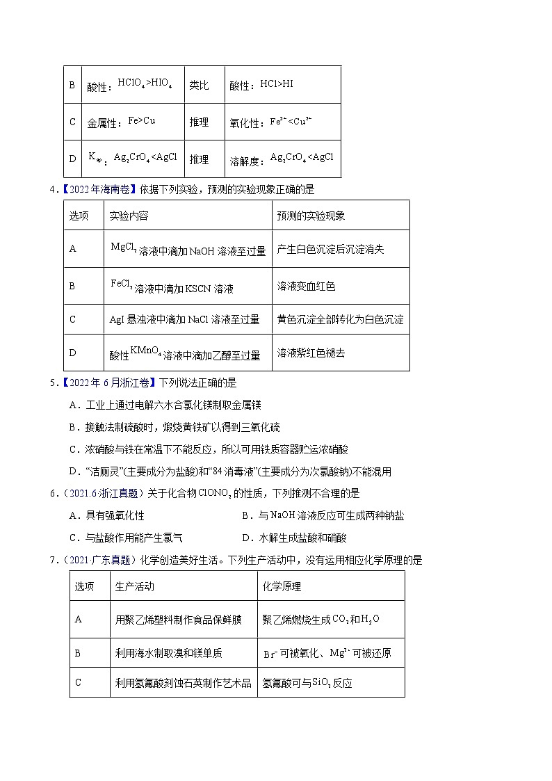 十年(2013-2022)高考化学真题分项汇编(全国通用)专题19  氯及其化合物  卤素(学生版)第2页