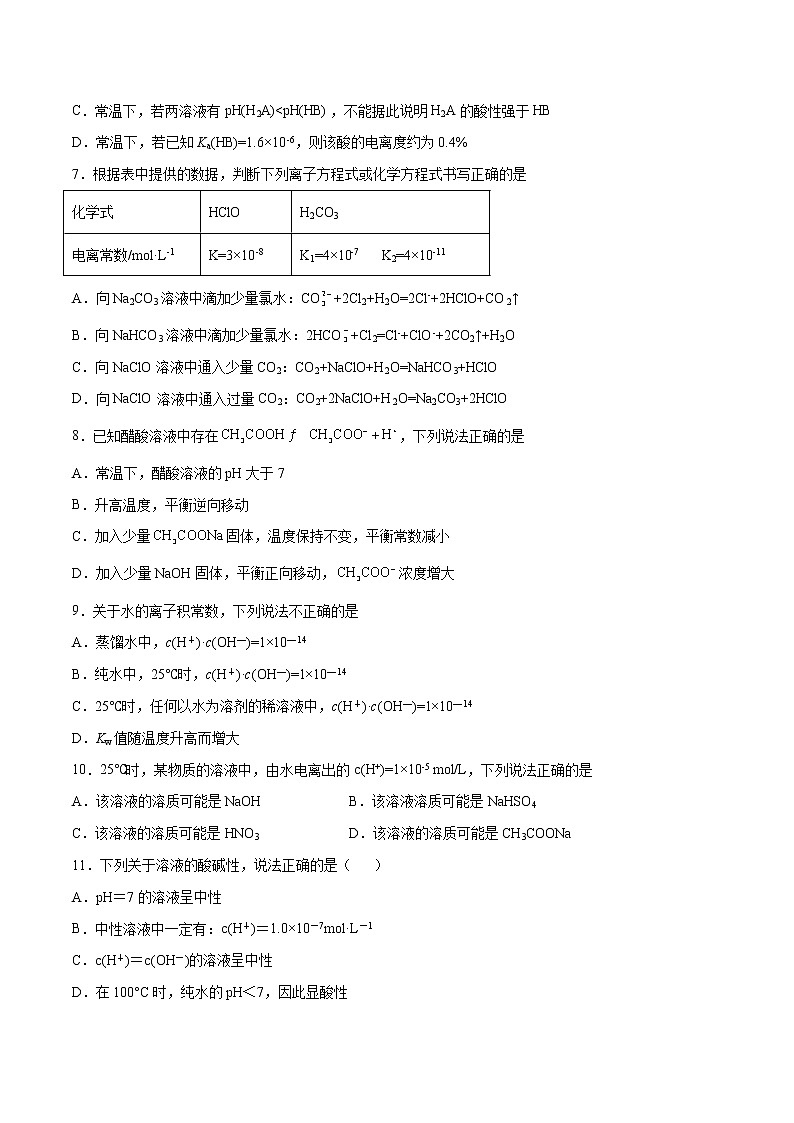 第03单元 水溶液中的离子反应与平衡单元测试(A卷•夯实基础)-2022-2023学年高二化学同步单元AB卷(人教版2019选择性必修1)(原卷版)第2页