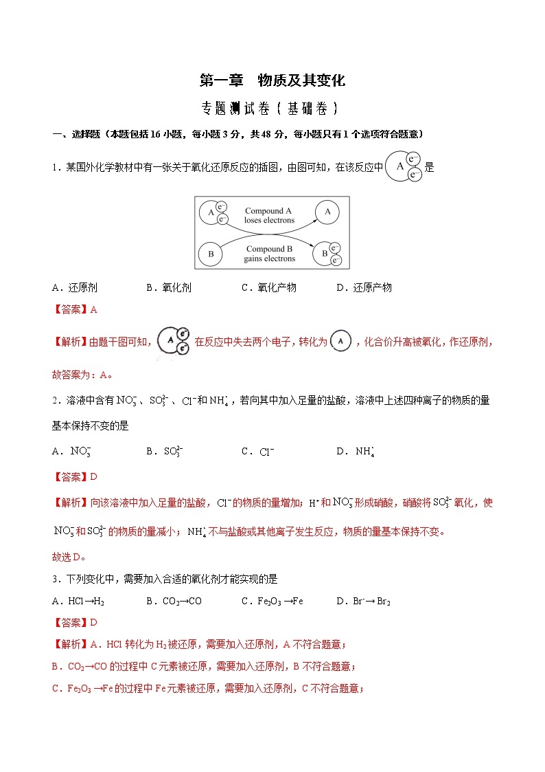 专题01+物质及其变化+专题测试卷（基础卷）-2022-2023学年高一化学考点分层解读与综合训练（人教版2019必修第一册）01