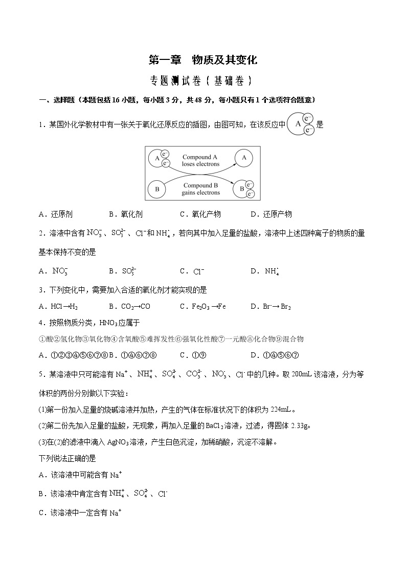 专题01+物质及其变化+专题测试卷（基础卷）-2022-2023学年高一化学考点分层解读与综合训练（人教版2019必修第一册）01