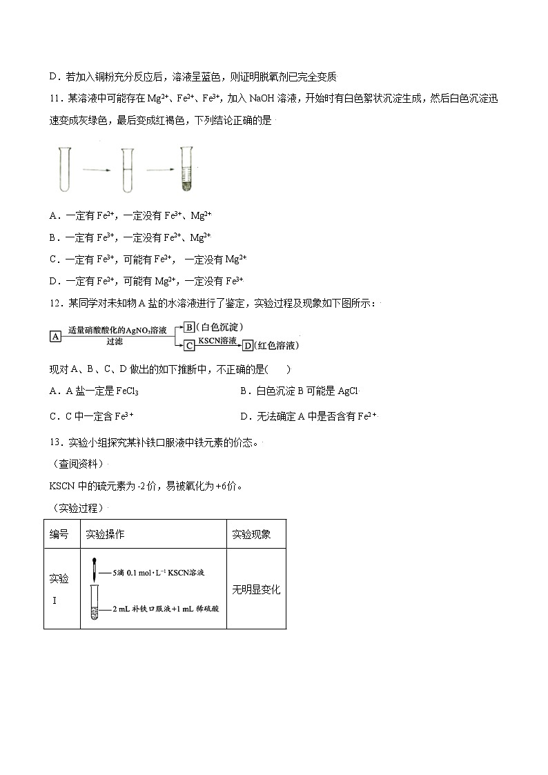 3.1.2 铁盐和亚铁盐(基础过关A练)-2022-2023学年高一化学课时过关提优AB练(人教版2019必修第一册)(原卷版)第3页