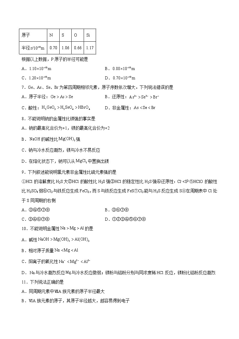 4.2.1 元素性质的周期性变化规律-2022-2023学年高一化学课后培优练(人教版2019必修第一册)(原卷版)第2页